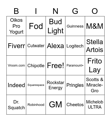 2021 SUPERBOWL COMMERCIAL Bingo Card