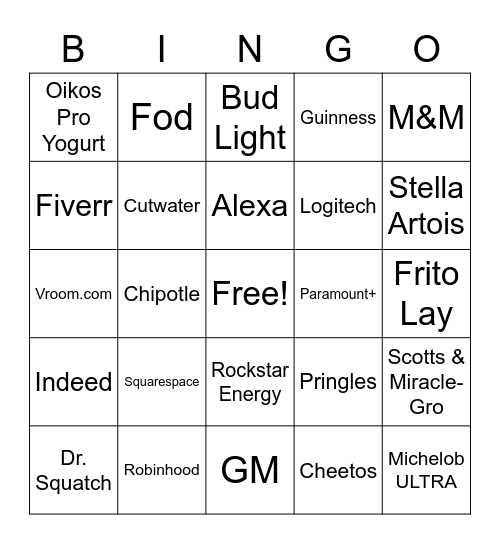 2021 SUPERBOWL COMMERCIAL Bingo Card