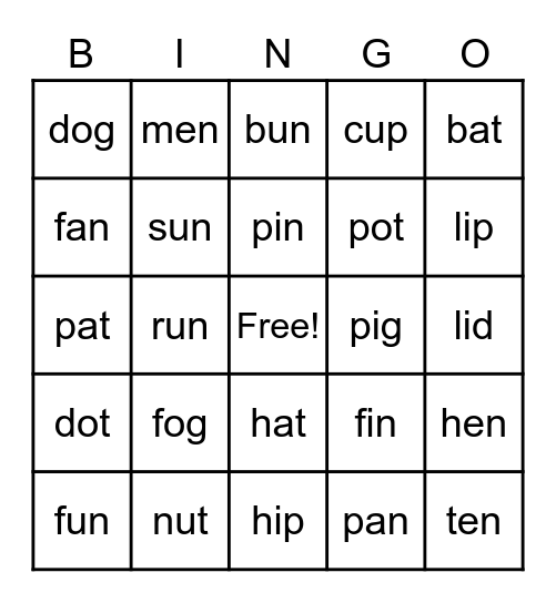 CVC word Bingo Card