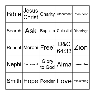 Youth of Zion Bingo Card