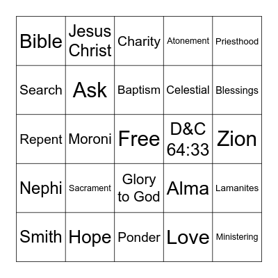 Youth of Zion Bingo Card