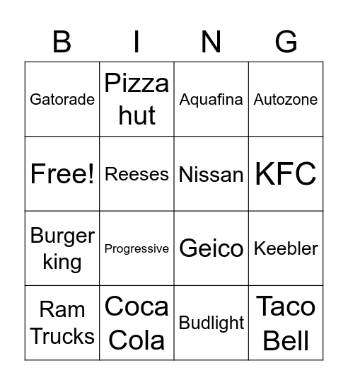 Super Bowl Commercials Bingo Card