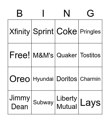 Super Bowl Commercials Bingo Card