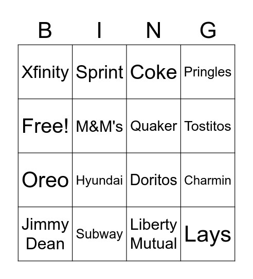 Super Bowl Commercials Bingo Card