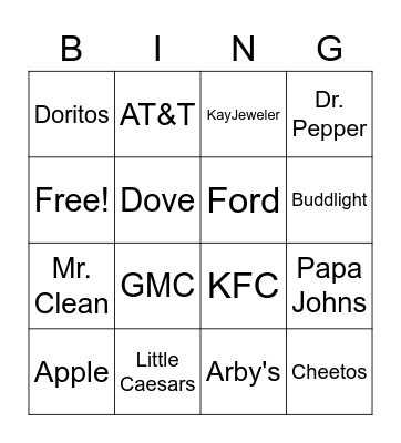 Super Bowl Commercials Bingo Card