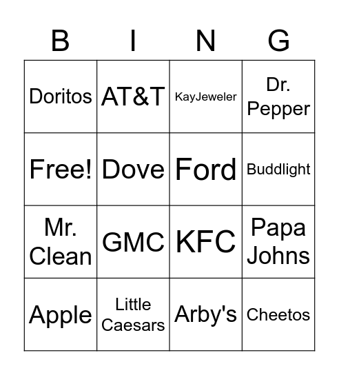 Super Bowl Commercials Bingo Card