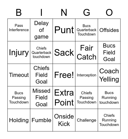 Super Bowl 2021 Bingo Card