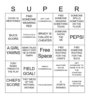 SUPER BOWL 55 BINGO Card