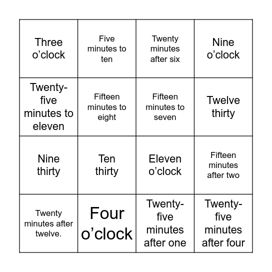 Clock-Reading Bingo Card