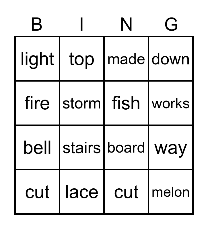 Compound Words Bingo Card