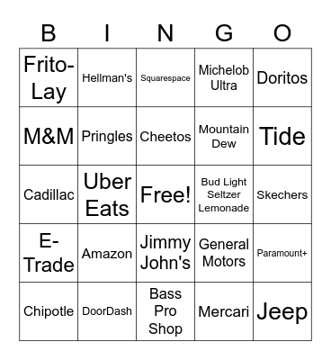 Super Bowl Bingo Card