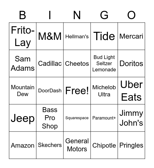 Super Bowl Commercial Bingo Card