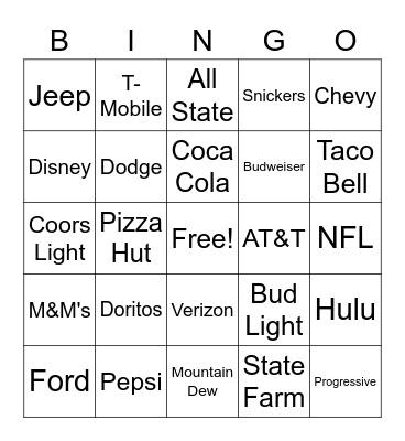 Super Bowl Commercial Bingo Card