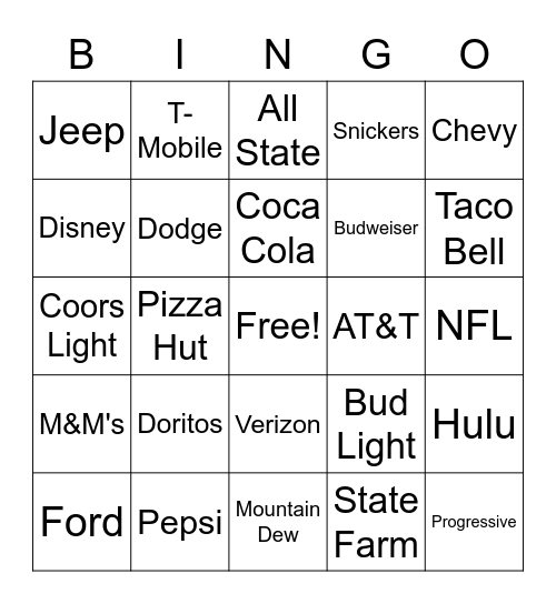 Super Bowl Commercial Bingo Card