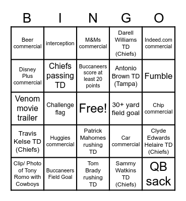 SUPERBOWL LV Bingo Card