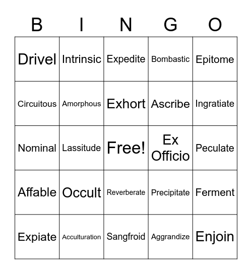 VOCAB BINGO 10.2 1-6 Bingo Card