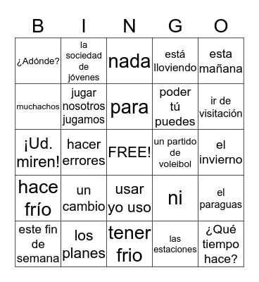 Bingo  Lección Dieciseís:  Un Cambio de Planes Bingo Card