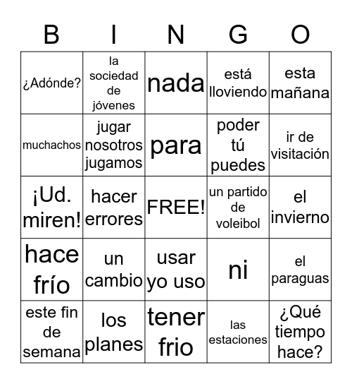 Bingo  Lección Dieciseís:  Un Cambio de Planes Bingo Card