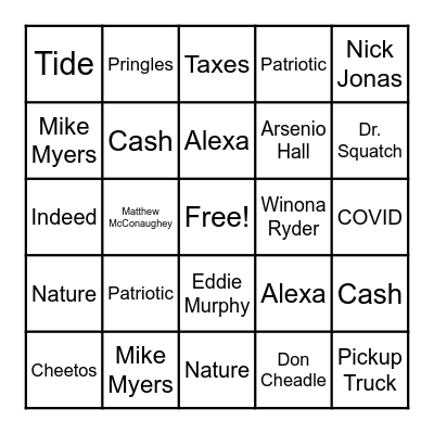 Super Bowl Commercial Bingo 2021 Bingo Card