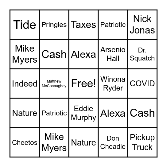 Super Bowl Commercial Bingo 2021 Bingo Card