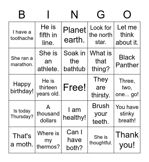 Voiceless Th Bingo Card