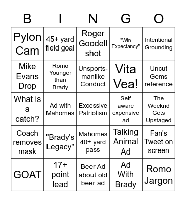 Super Bowl Bingo Card