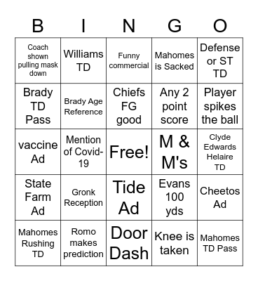 Super Bowl Bingo Card