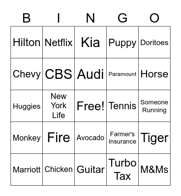 Super Bowl Commercial Bingo Card