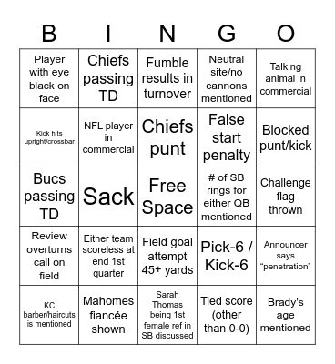 Super Bowl Bingo Card