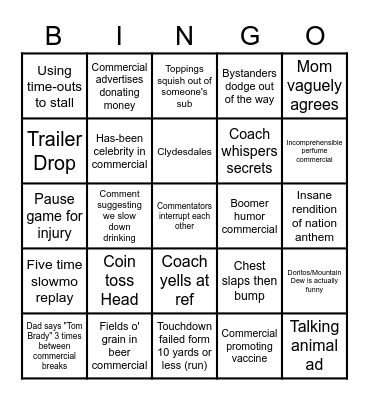 Super bowl Drinkin Bingo Card