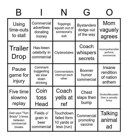 Super bowl Drinkin Bingo Card