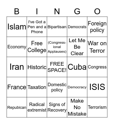 Obama's State of the Union Speech -- 6th edition Bingo Card
