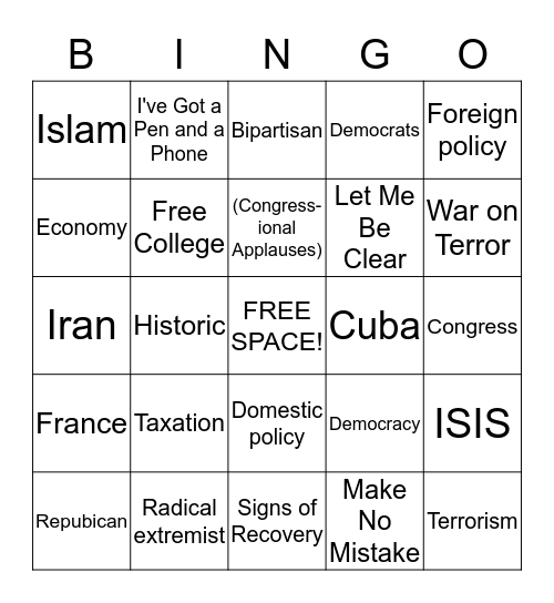 Obama's State of the Union Speech -- 6th edition Bingo Card