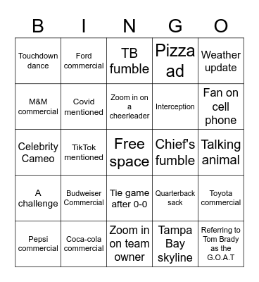 Super Bowl Bingo Card