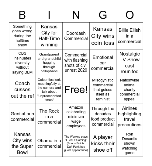 SUPERBOWL 2021 Bingo Card