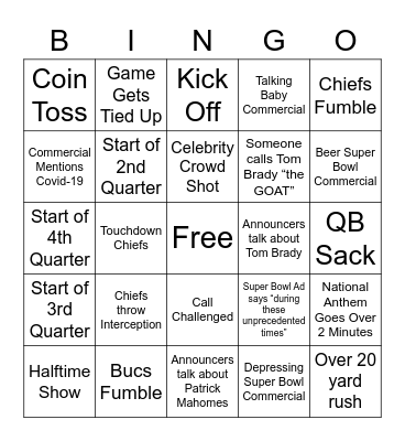 Super Bowl LV Bingo Card