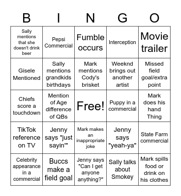 Super Bowl 2021 Bingo Card