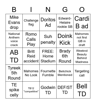 Super Bowl Bingo Card