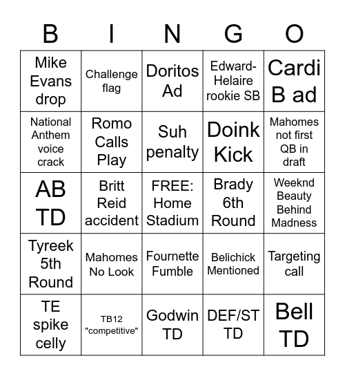 Super Bowl Bingo Card