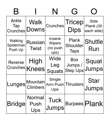 BINGO For FITNESS Sake Style Bingo Card