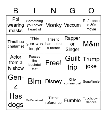 Super Bowl Commercial Bingo Card