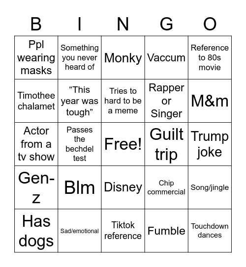 Super Bowl Commercial Bingo Card