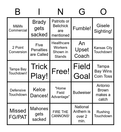 Super Bowl LV Bingo Card