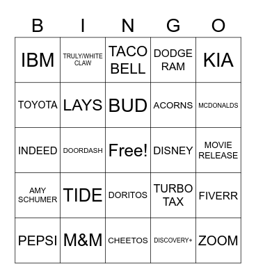 Super Bowl Bingo Card