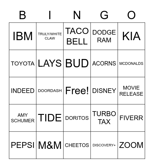 Super Bowl Bingo Card