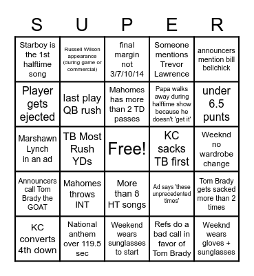 Super Bowl Prop Bet Bingo Card