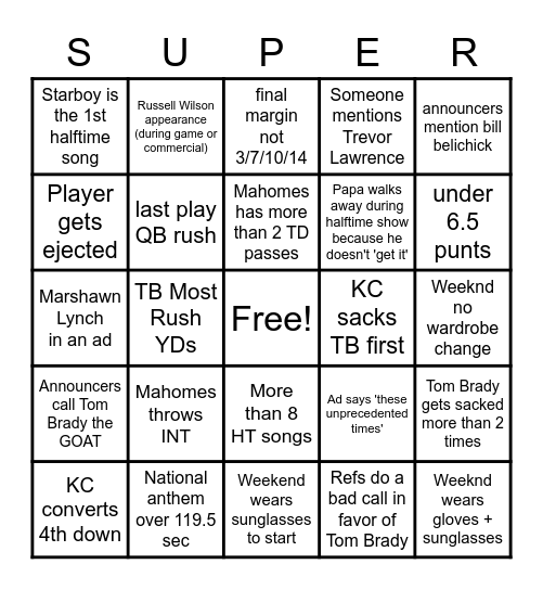 Super Bowl Prop Bet Bingo Card
