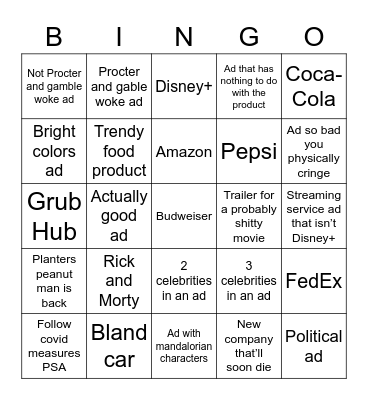 SuperBowl Ad Bingo Card