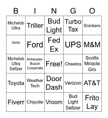 Super Bowl Commerical Bingo Card