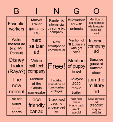 Superbowl 2021 Bingo Card